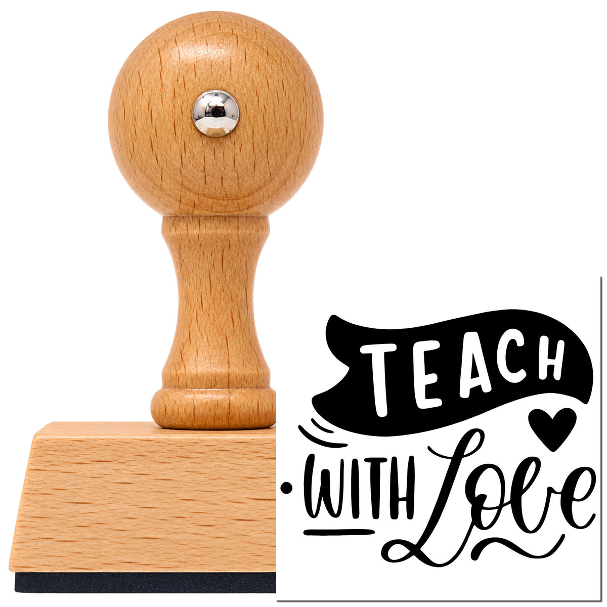 Vintage Pro beech wood stamp with a round knob handle, shown with its black Teach With Love imprint on white.