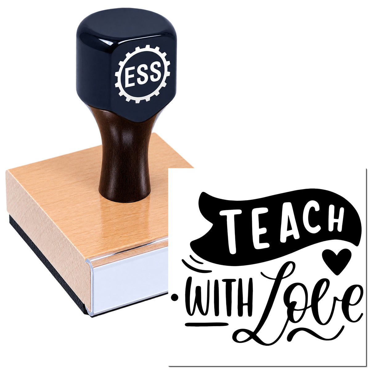 Dark blue ESS rubber stamp on a wooden base beside a black "Teach with love" seal graphic.