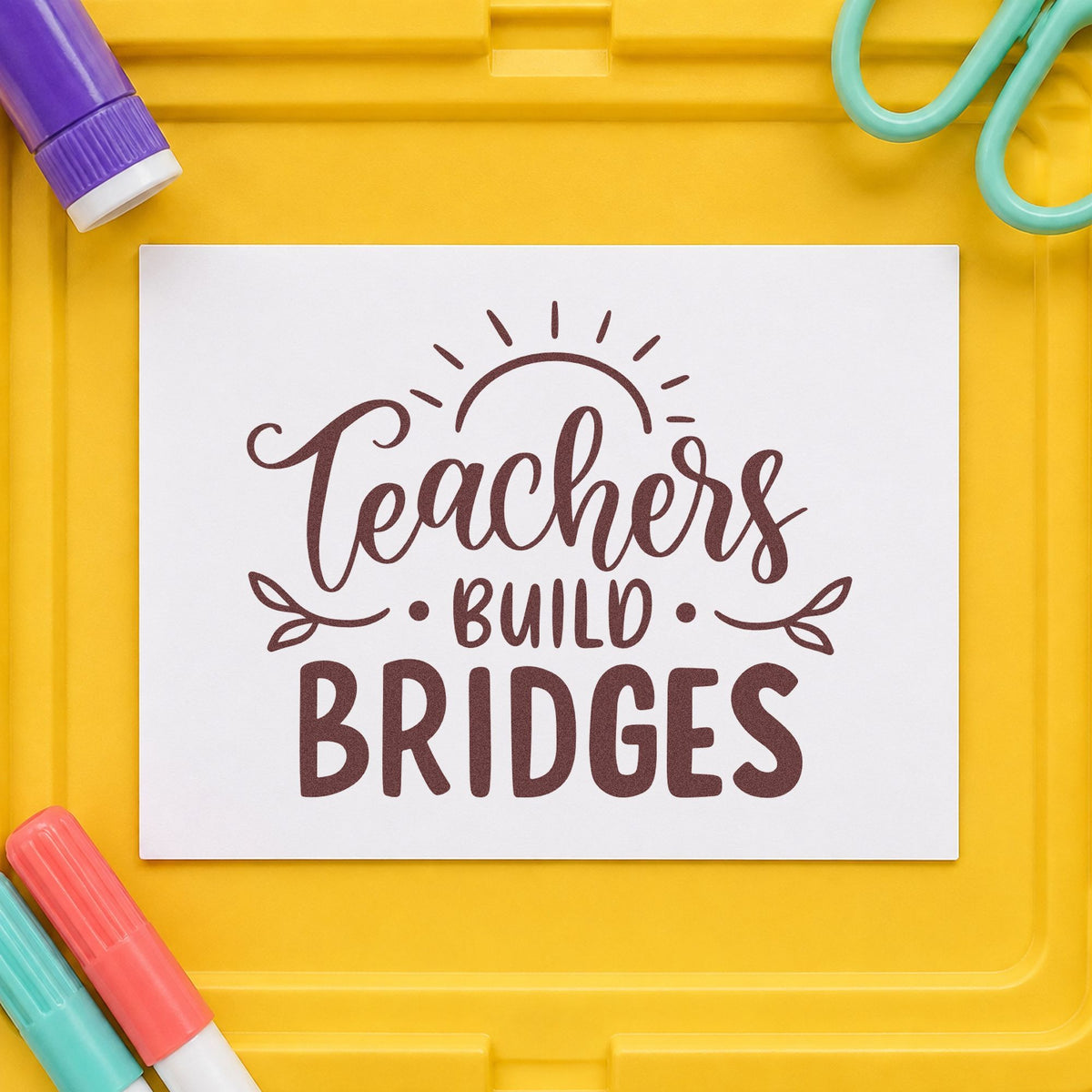 Teachers Build Bridges rubber stamp printed in brown ink, ready for link file labels and similar paper crafts.