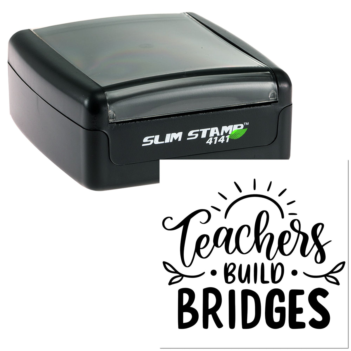 Black self-inking stamp and seal with clear cover, showing Teachers Build Bridges design.