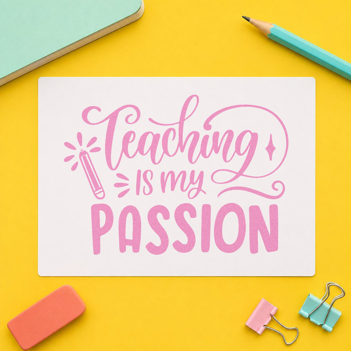 Teaching Is My Passion craft stamp in purple ink on cardstock, an easy option for open evening tags.