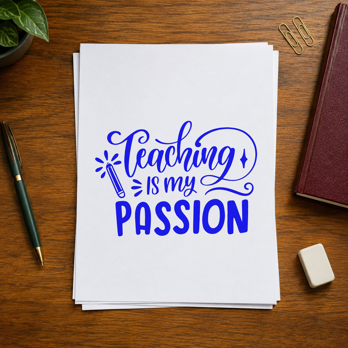 Teaching Is My Passion craft stamp in blue ink on cardstock, an easy option for polo chest panels.