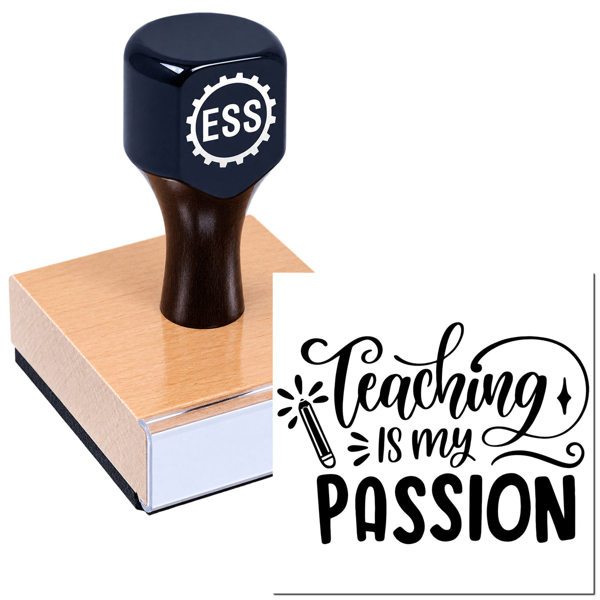Navy ESS rubber stamp seal on wooden block with black "Teaching is my passion" design