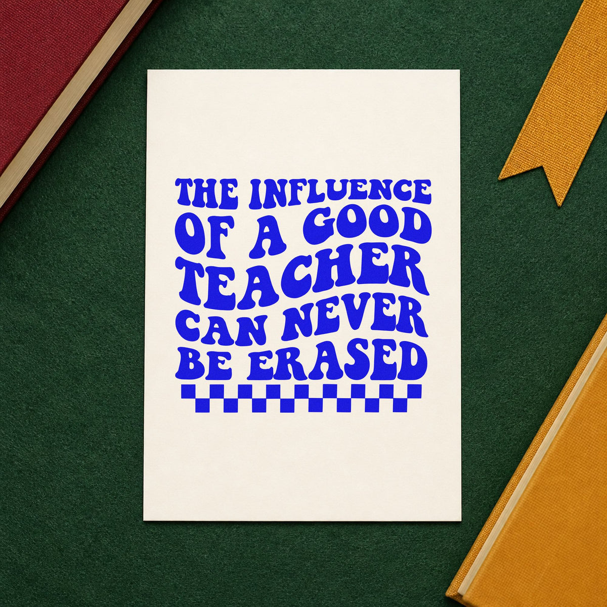 Good Teacher Lasting Influence craft stamp in blue ink on cardstock, an easy option for apron hem panels.
