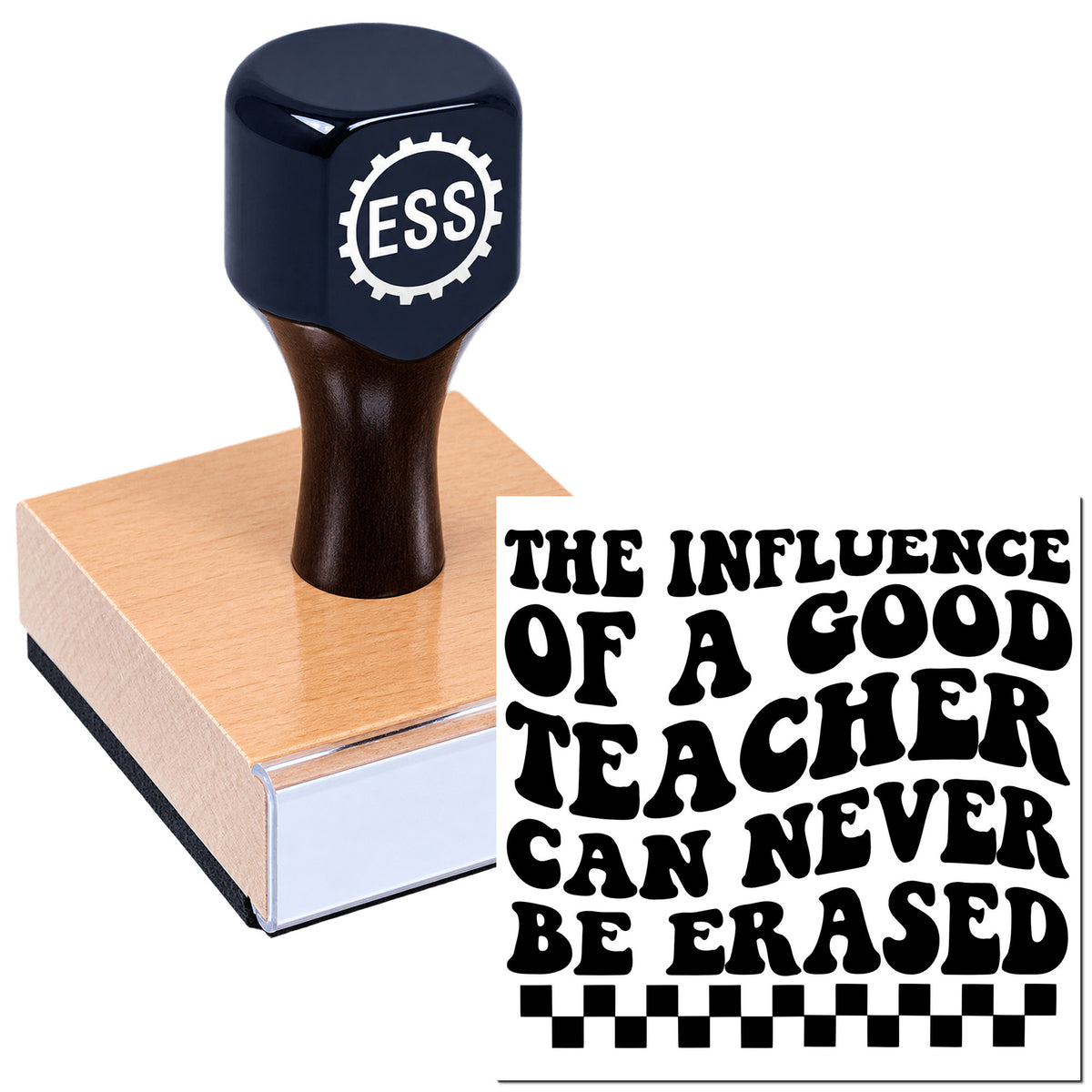 Black ESS rubber stamp on a pink seal block, with bold black motivational text and checkerboard border.