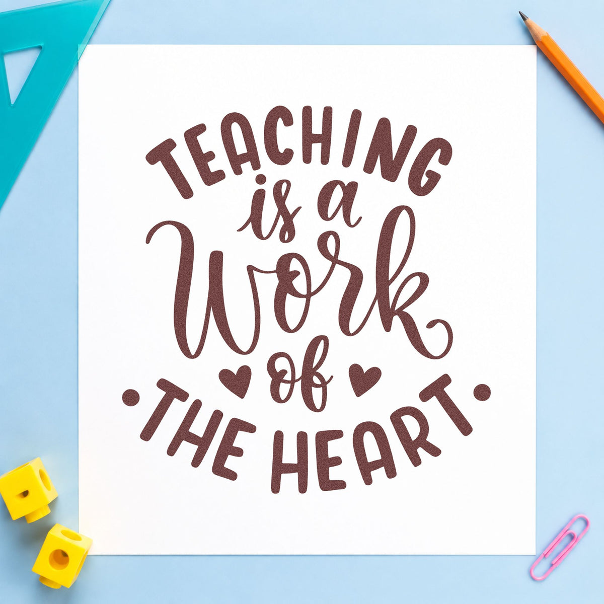Teaching Work Of The Heart rubber stamp printed in brown ink, ready for round tin labels and similar paper crafts.