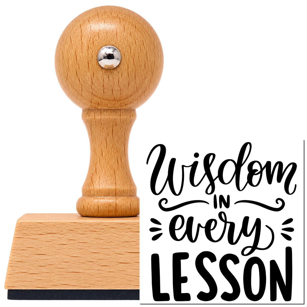 Vintage Pro beech wood stamp with a round knob handle, shown with its black Wisdom In Every Lesson Script Lettering imprint on white.