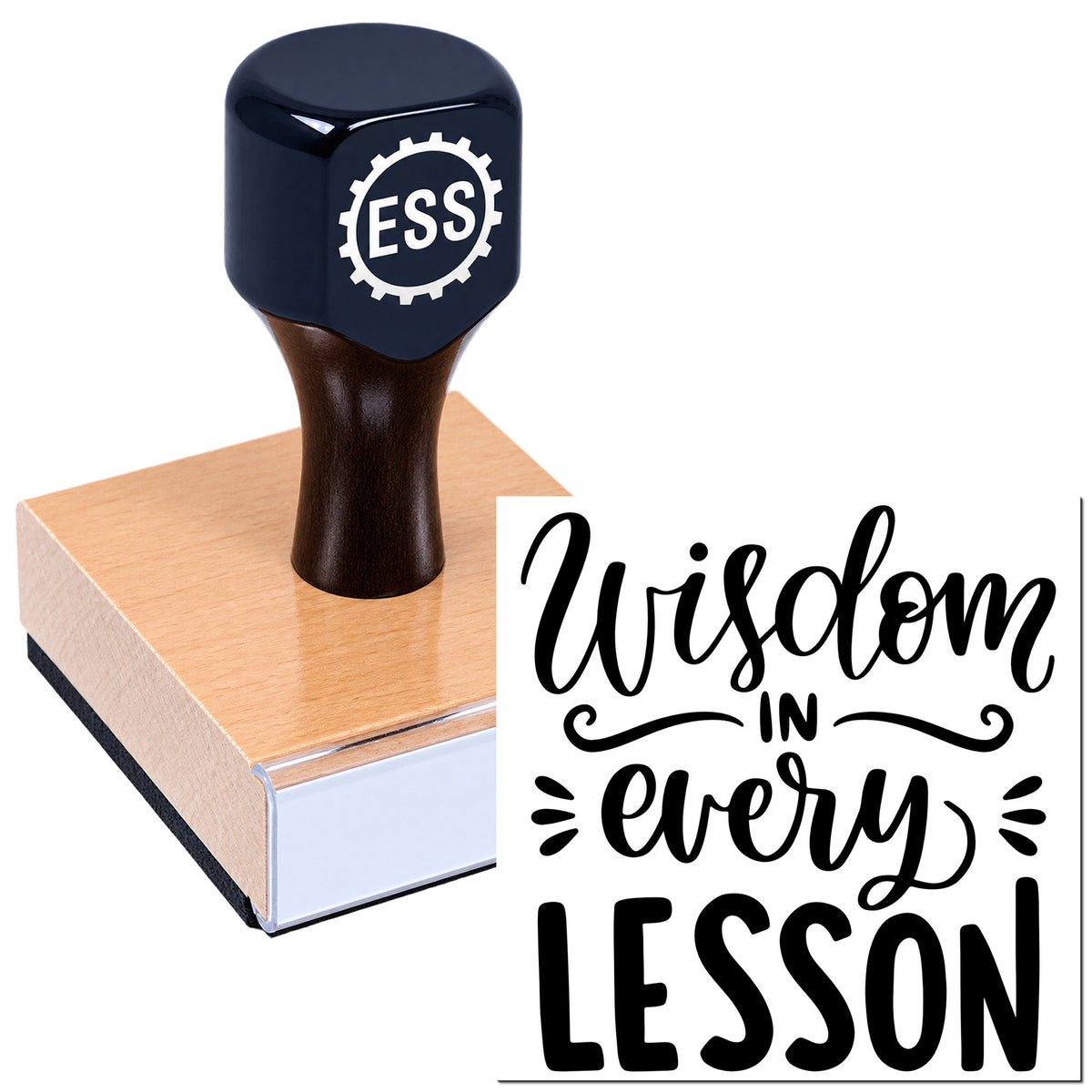 Dark navy ESS custom stamp on copper seal block with engraved gear logo and "Wisdom in every lesson" design
