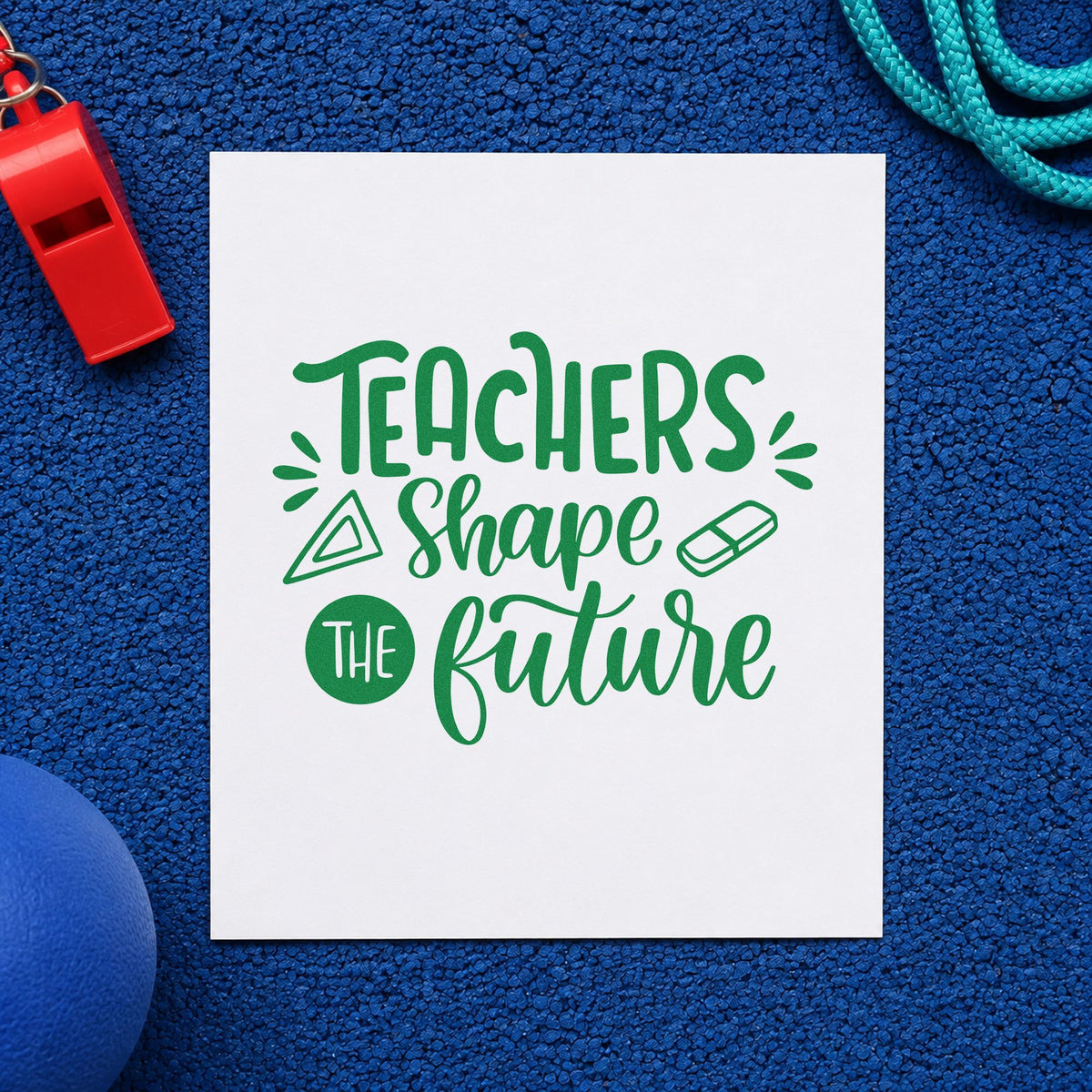 Teachers Shape The Future craft stamp imprint in green ink on a handmade project, one idea being technical draw pages.