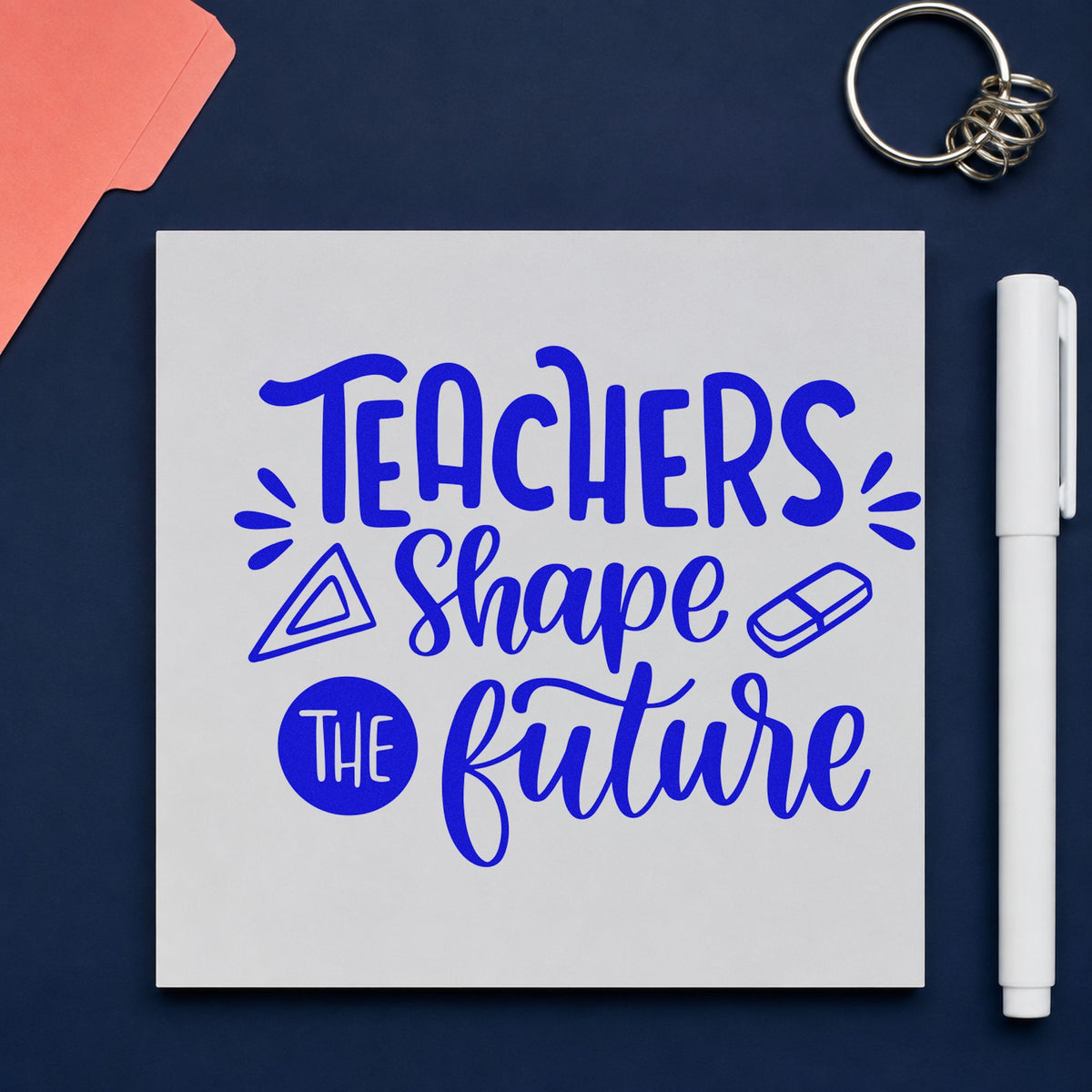 Teachers Shape The Future craft stamp in blue ink on cardstock, an easy option for bench apron panels.