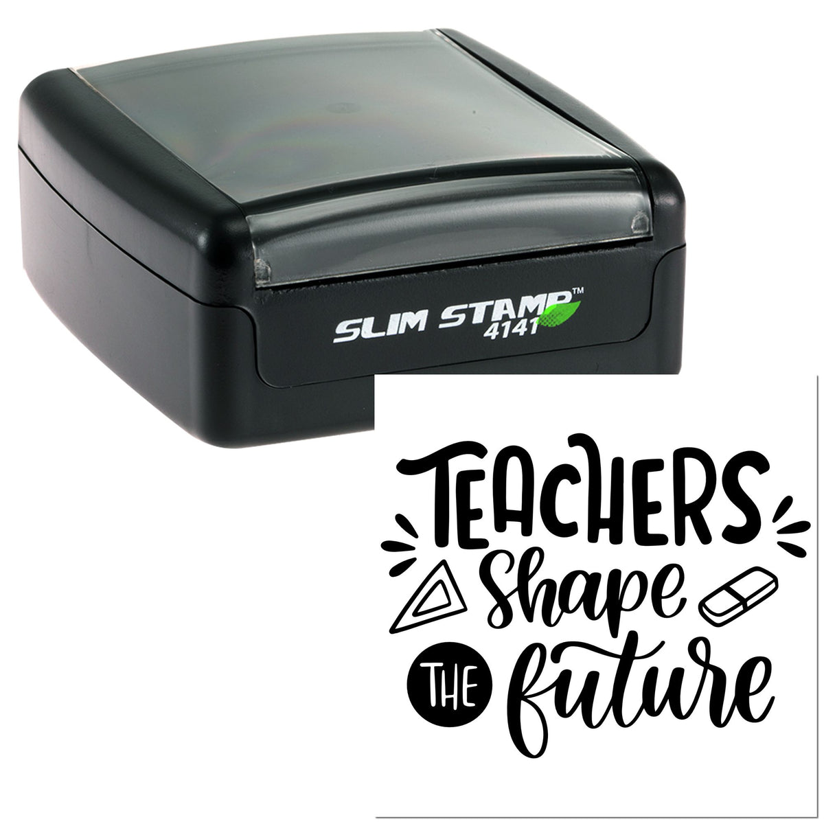 Black Slim Stamp 4141 self-inking stamp with gray top and Teachers Shape the Future seal design.
