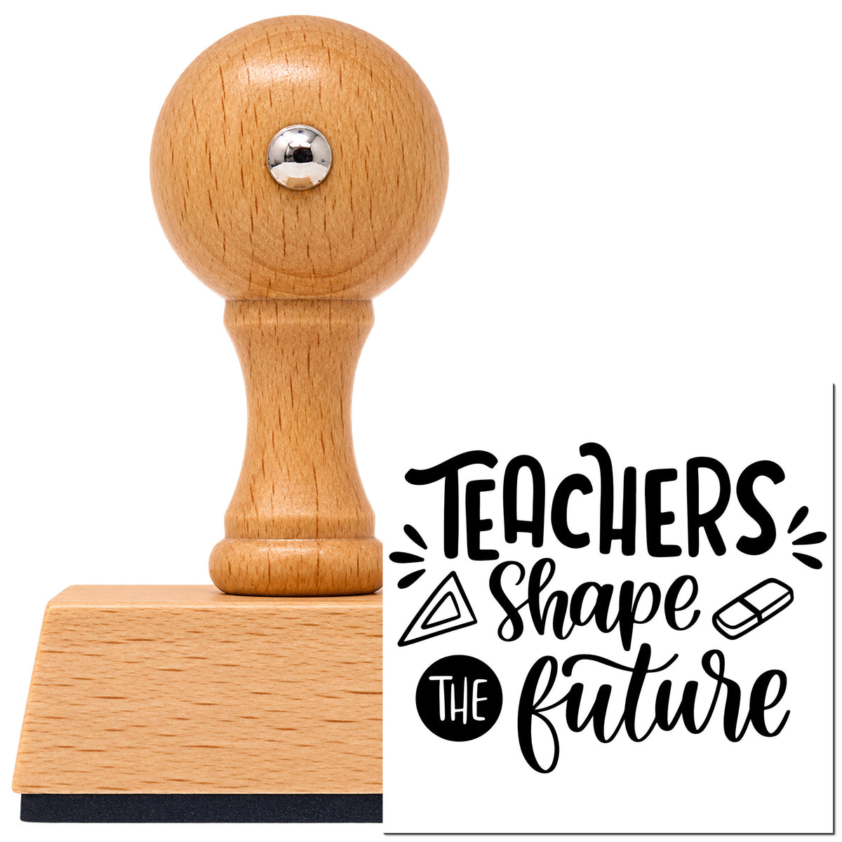Vintage Pro beech wood stamp with a round knob handle, shown with its black Teachers Shaping Futures Lettering imprint on white.