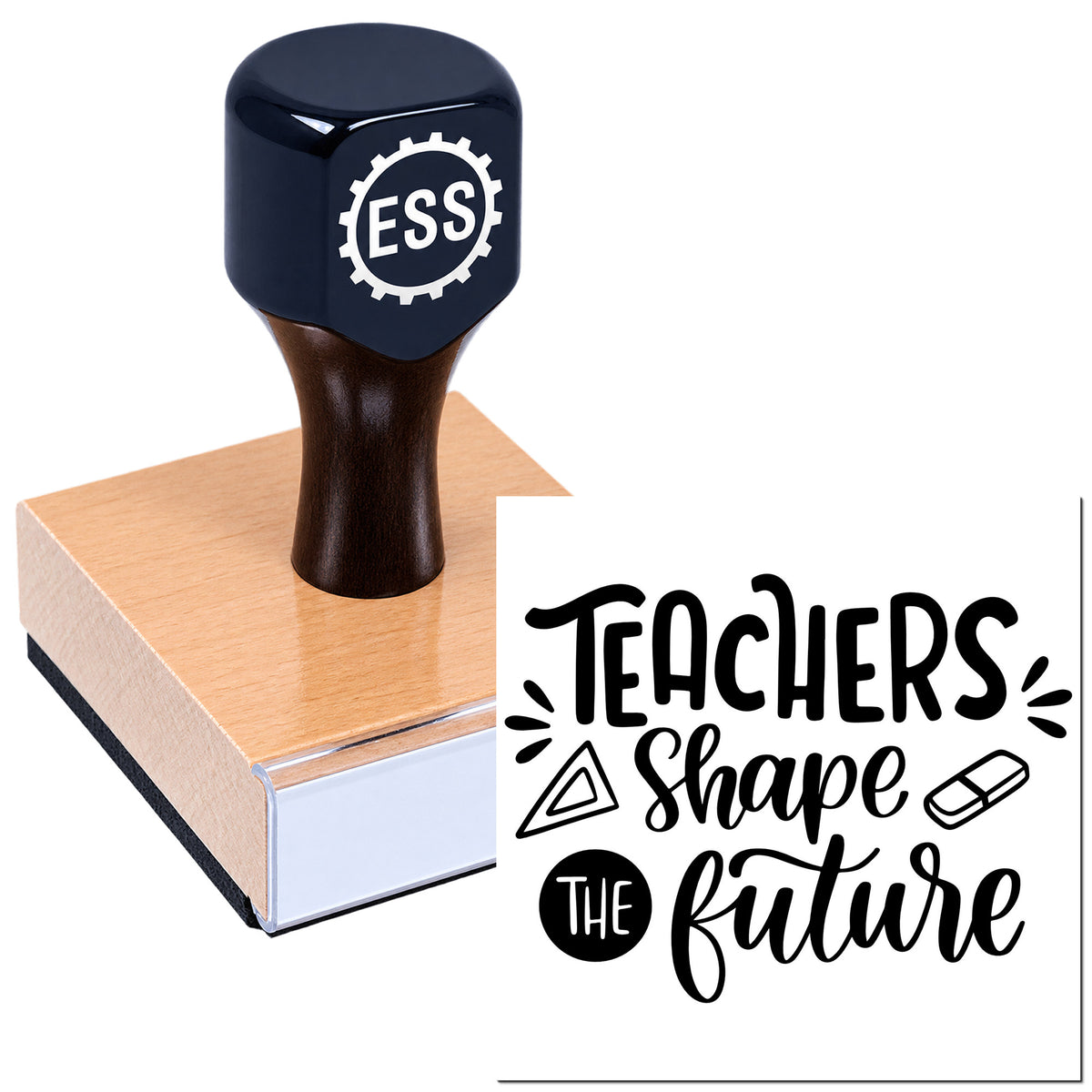 Black ESS rubber stamp and seal on wooden block with "Teachers Shape the Future" text in black on white.