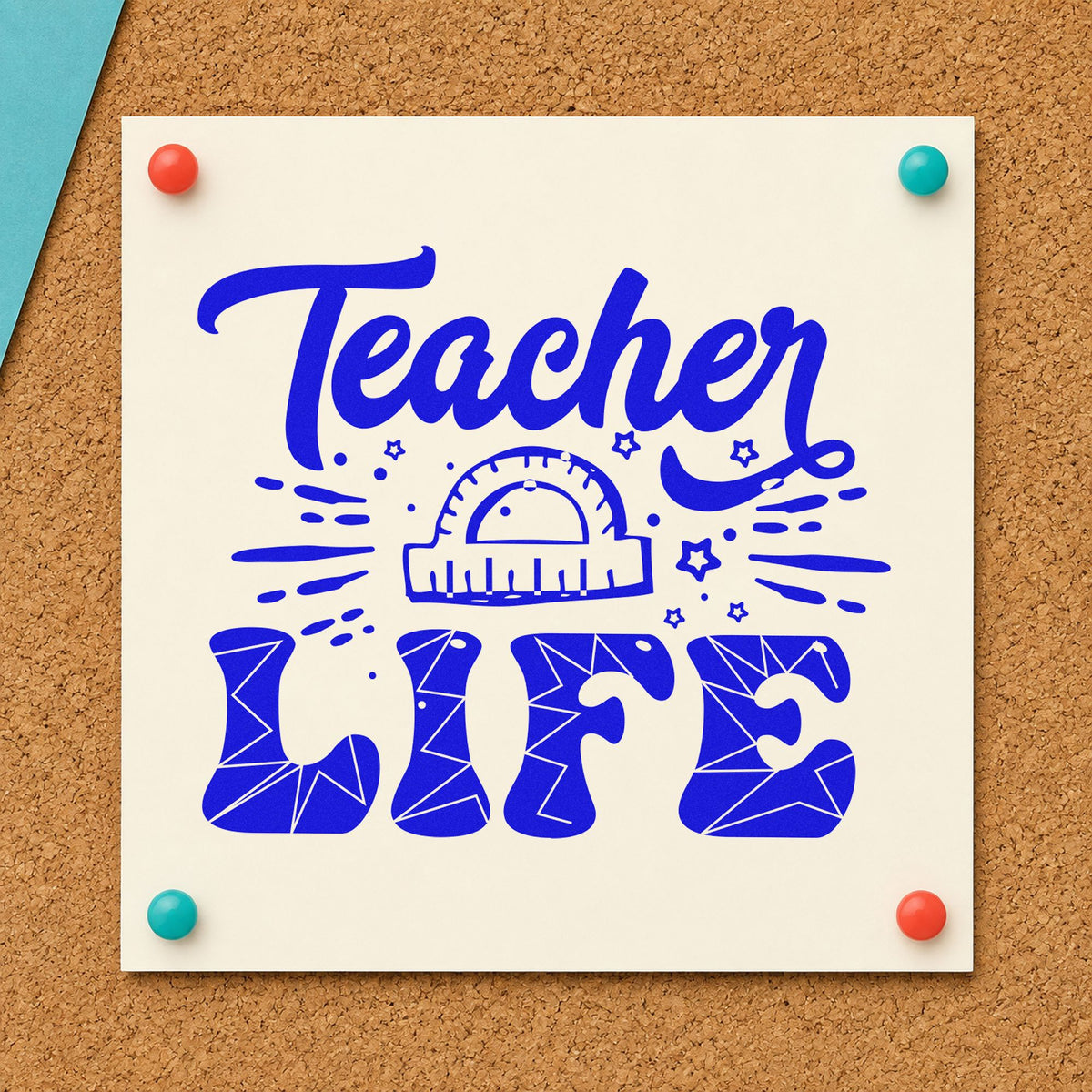 Teacher Life Geometry Pattern craft stamp imprinted in blue ink on paper, a design suited to test pack seals.