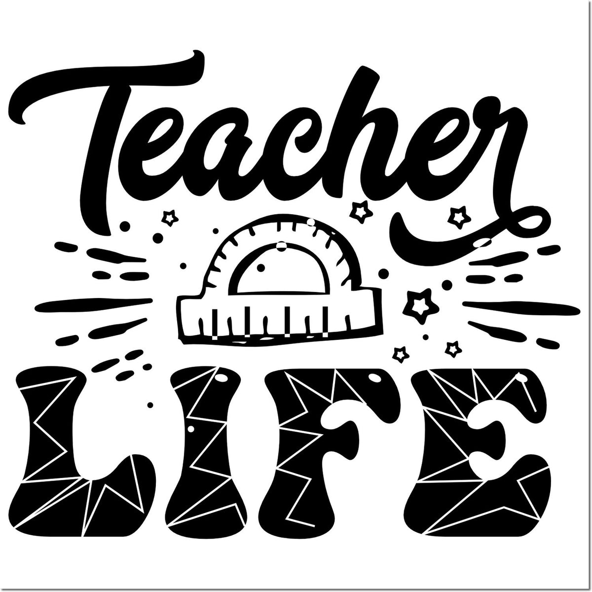 Black Teacher Life stamp seal design with ruler, stars, and geometric accents on a white background.