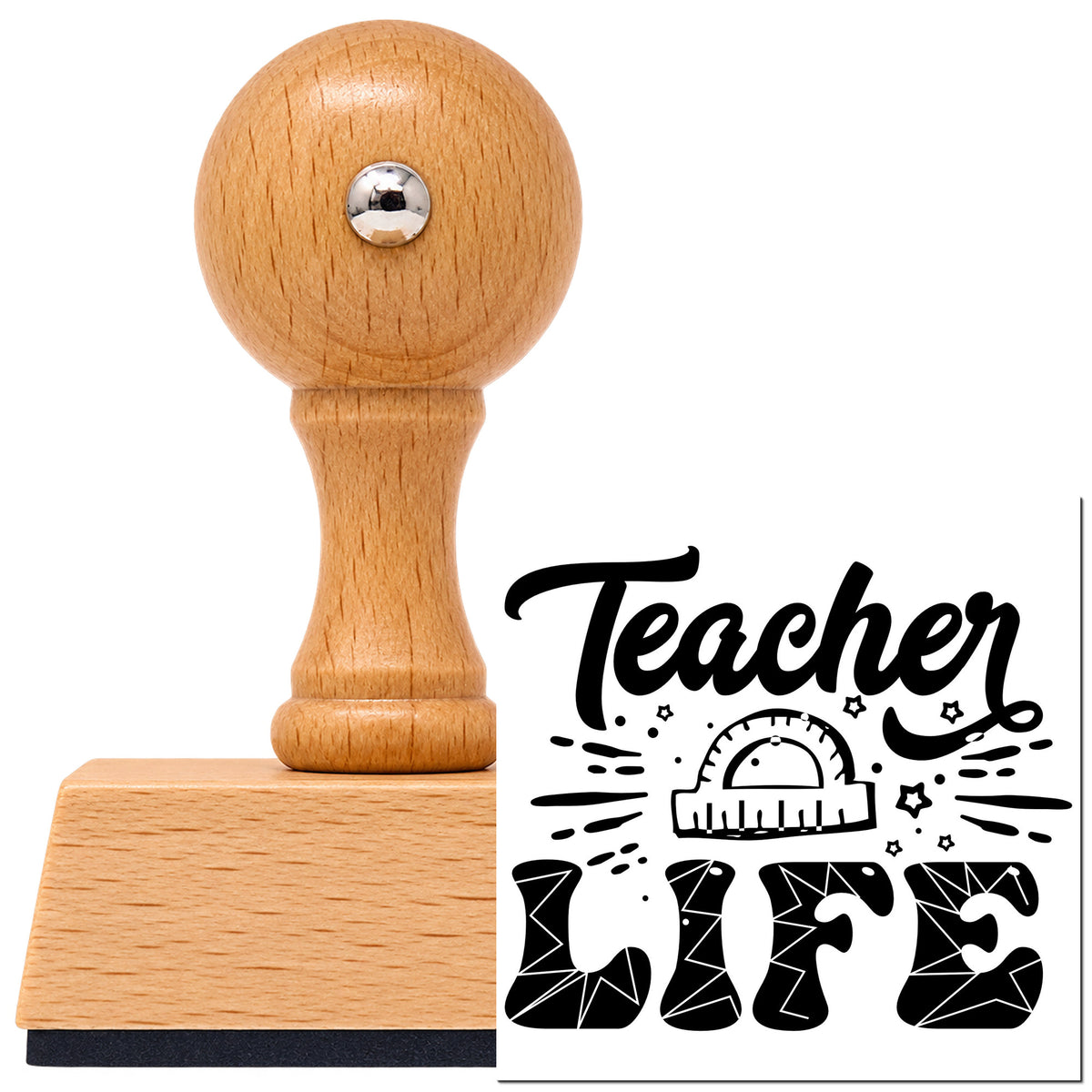 Vintage Pro beech wood stamp with a round knob handle, shown with its black Teacher Life Geometry Pattern imprint on white.
