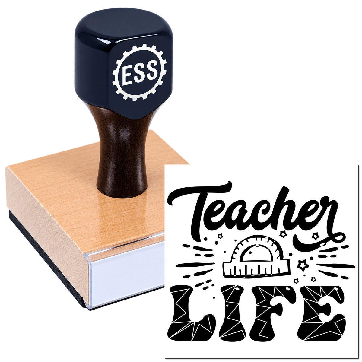 Navy ESS rubber stamp on a wooden block with black "Teacher Life" seal design and ruler icon.