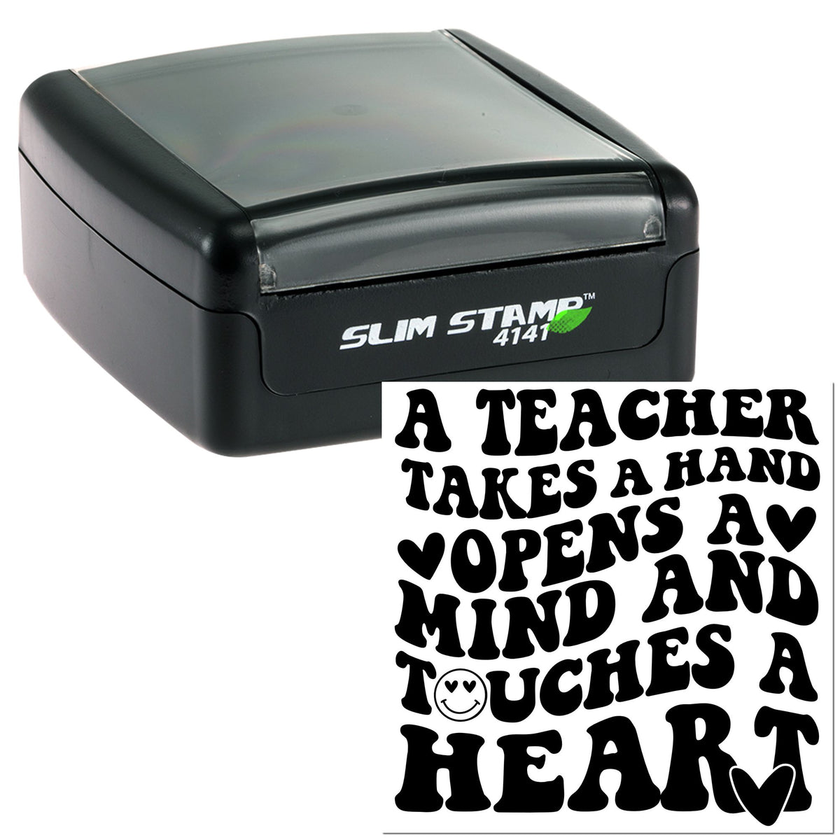 Black Slim Stamp self-inking teacher seal with bold retro lettering, hearts, and a white imprint on a white background