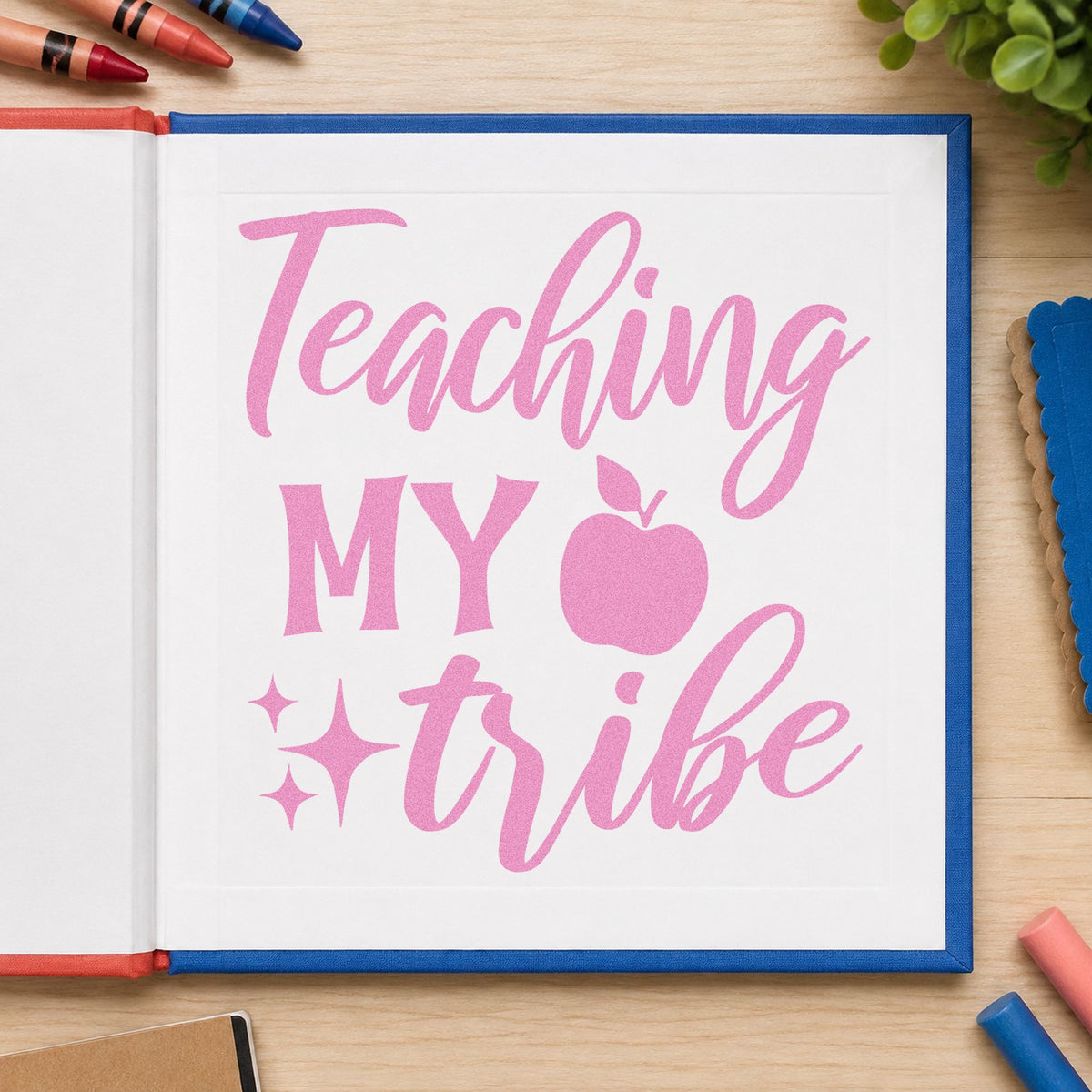 Teaching My Tribe Apple craft stamp in purple ink on cardstock, an easy option for ambassador tags.