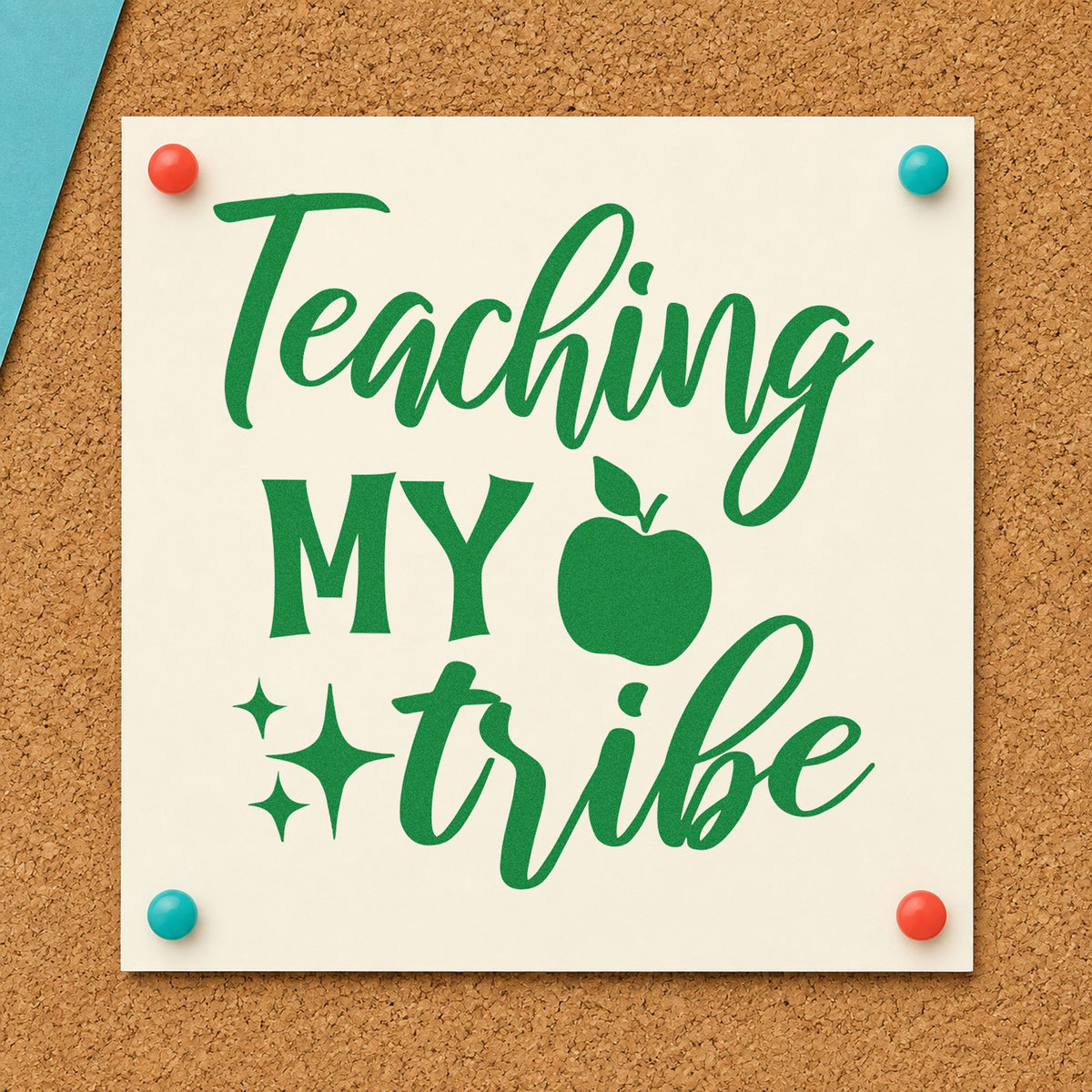 Teaching My Tribe Apple craft stamp imprint in green ink on a handmade project, one idea being meeting note pages.