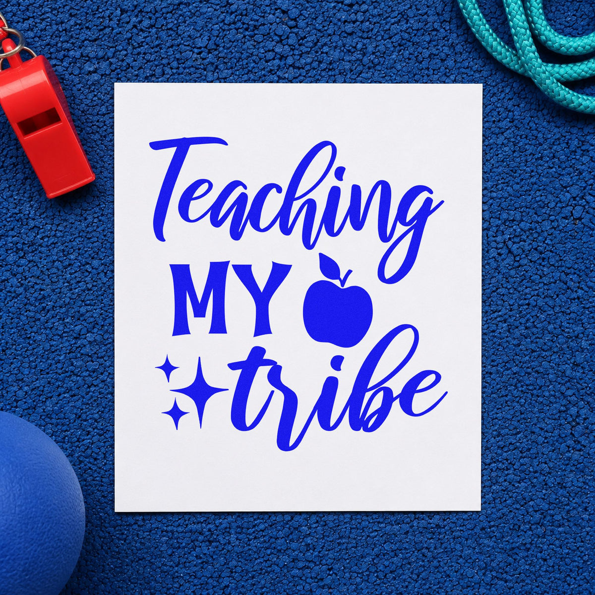 Teaching My Tribe Apple craft stamp in blue ink on cardstock, an easy option for sash band panels.