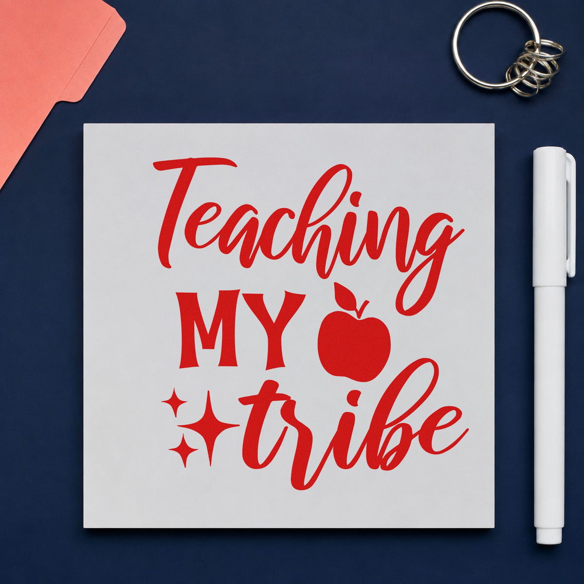 Teaching My Tribe Apple rubber stamp shown in red ink, stamped for projects such as leadership notes.