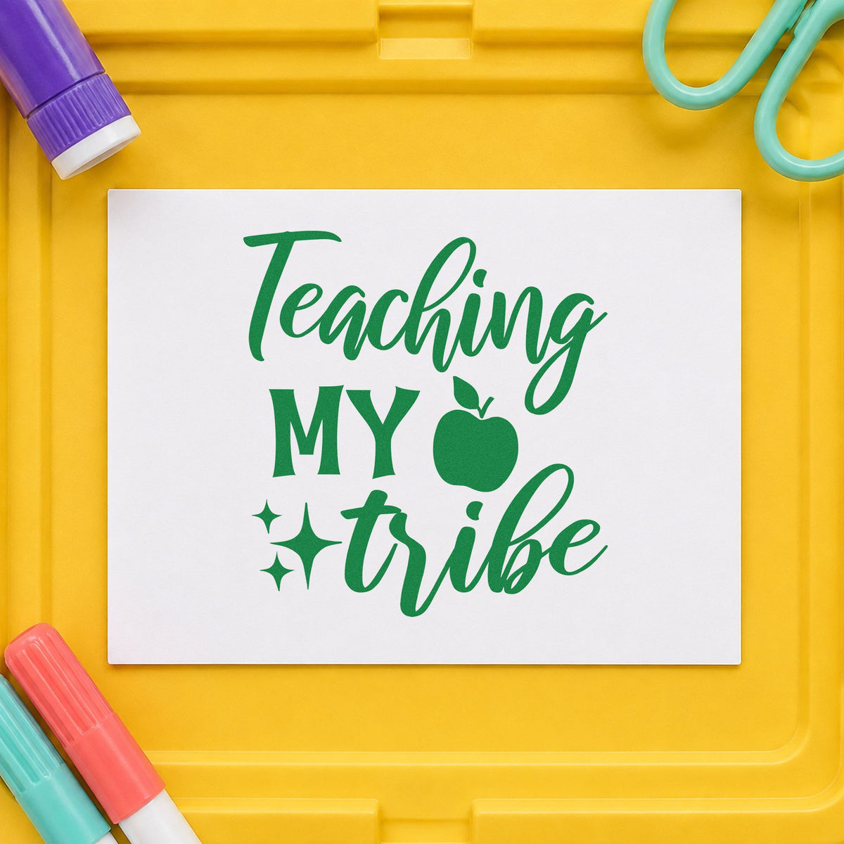 Teaching My Tribe Apple craft stamp imprint in green ink on a handmade project, one idea being framed group board.