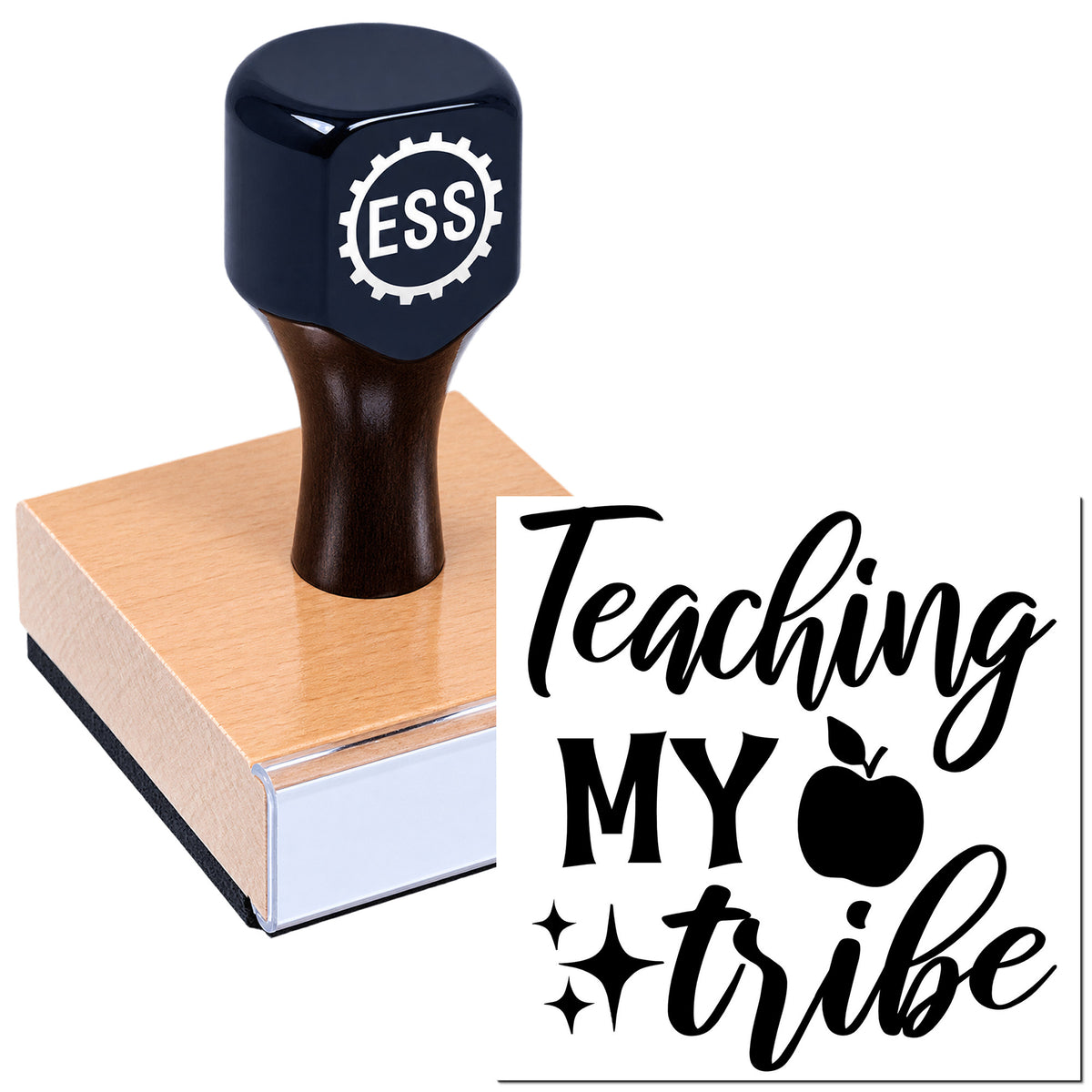 Custom navy rubber stamp with ESS logo on wooden block beside a black "Teaching My Tribe" seal on white background