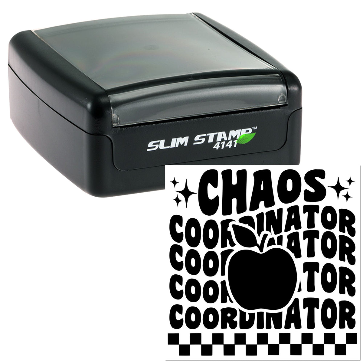 Black Slim Stamp 4141 self-inking stamp with clear cover and matching black seal design reading Chaos Coordinator.
