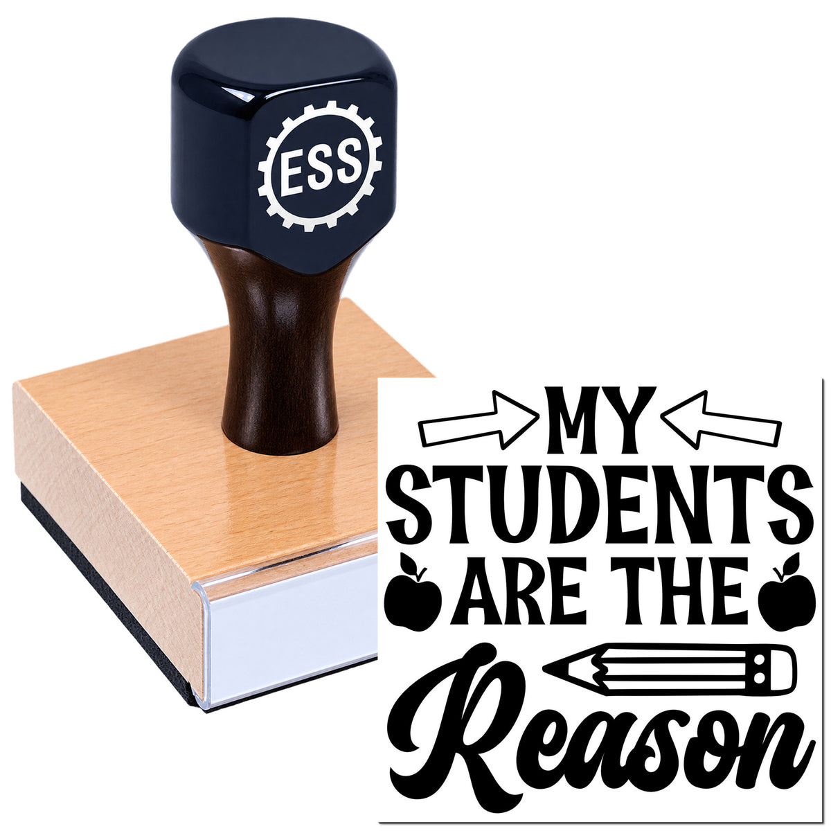 Dark blue ESS rubber stamp on wood block, paired with black seal reading "My Students Are the Reason" with apple and pencil icons.