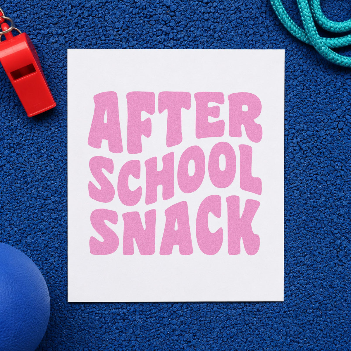 After School Snack craft stamp in purple ink on cardstock, an easy option for snack club tags.