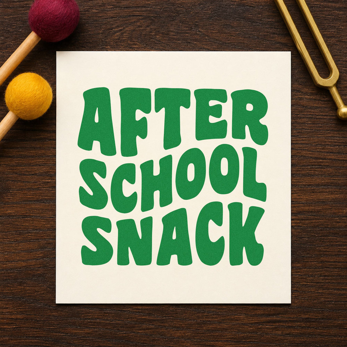 After School Snack craft stamp imprint in green ink on a handmade project, one idea being allergy sheet pages.