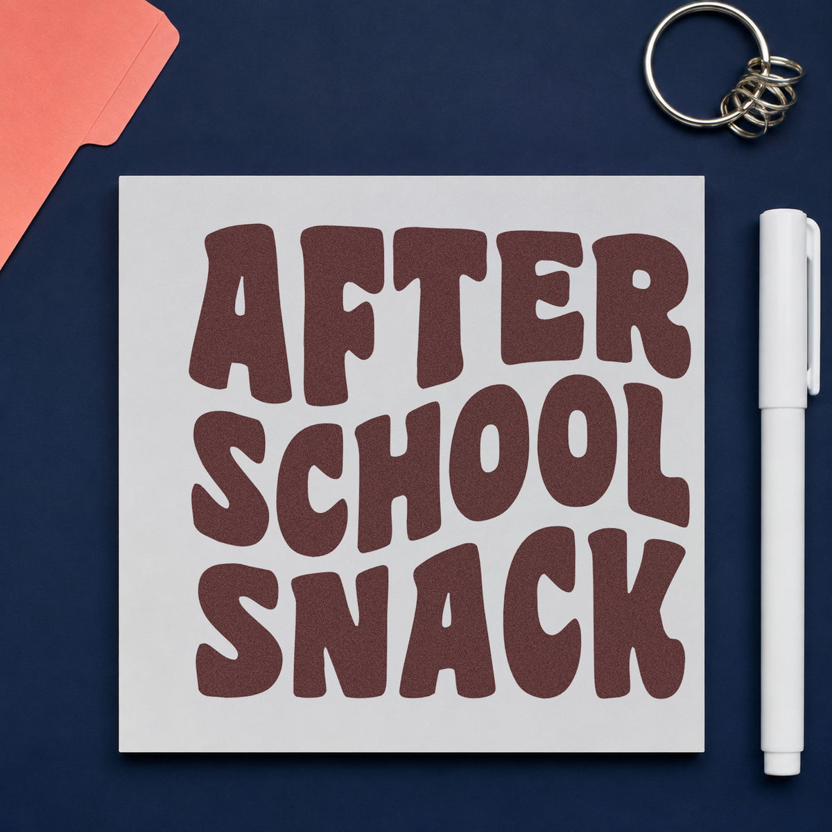 After School Snack rubber stamp printed in brown ink, ready for fruit crate labels and similar paper crafts.