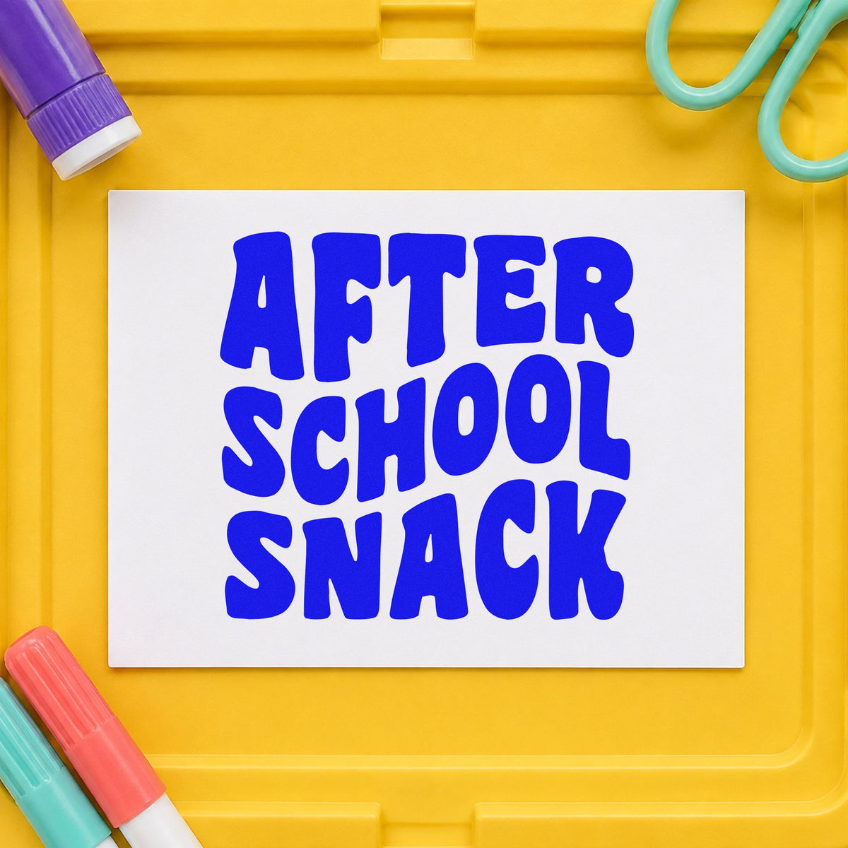 After School Snack craft stamp in blue ink on cardstock, an easy option for serving apron panels.