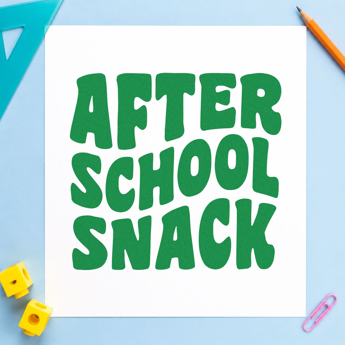 After School Snack craft stamp imprint in green ink on a handmade project, one idea being framed club hatch.