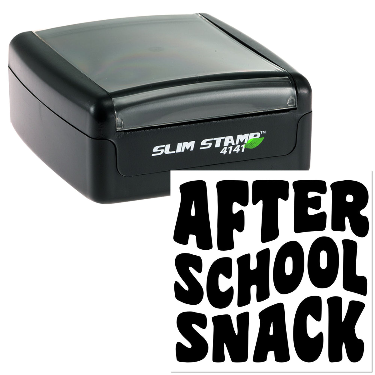 Black Slim Stamp 4141 self-inking stamp with clear cover and bold black AFTER SCHOOL SNACK seal imprint.
