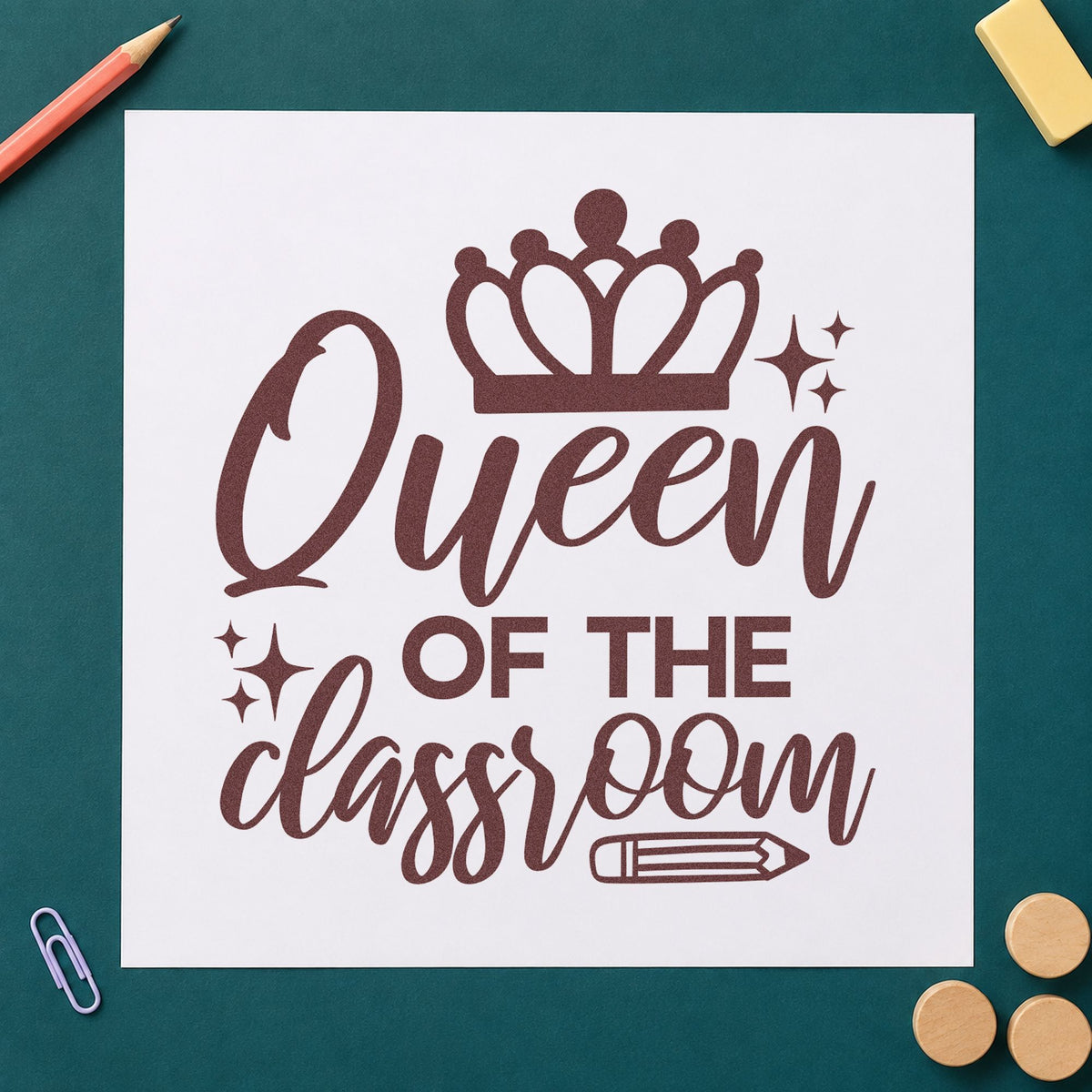 Queen Of The Classroom Crown rubber stamp printed in brown ink, ready for cake stand labels and similar paper crafts.