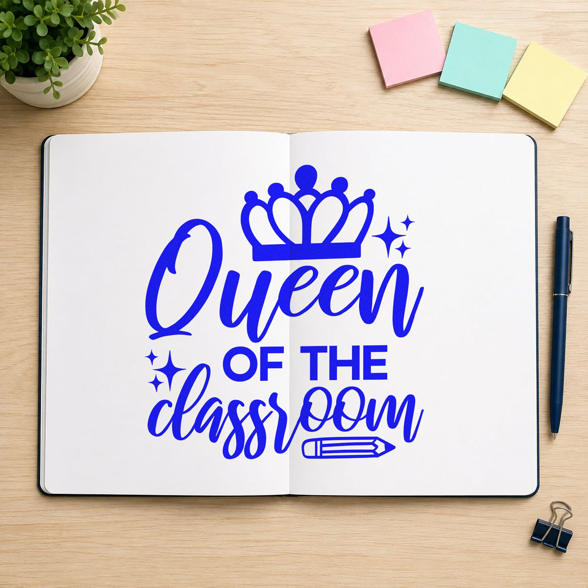Queen Of The Classroom Crown craft stamp in blue ink on cardstock, an easy option for cape collar panels.