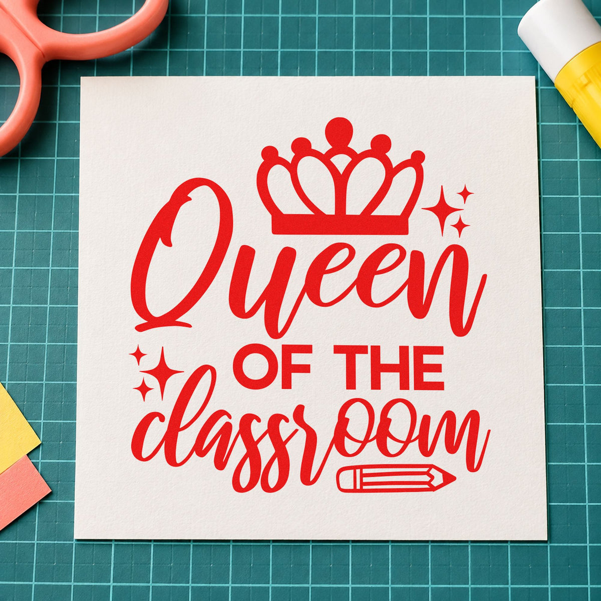 Queen Of The Classroom Crown rubber stamp shown in red ink, stamped for projects such as promotion day notes.