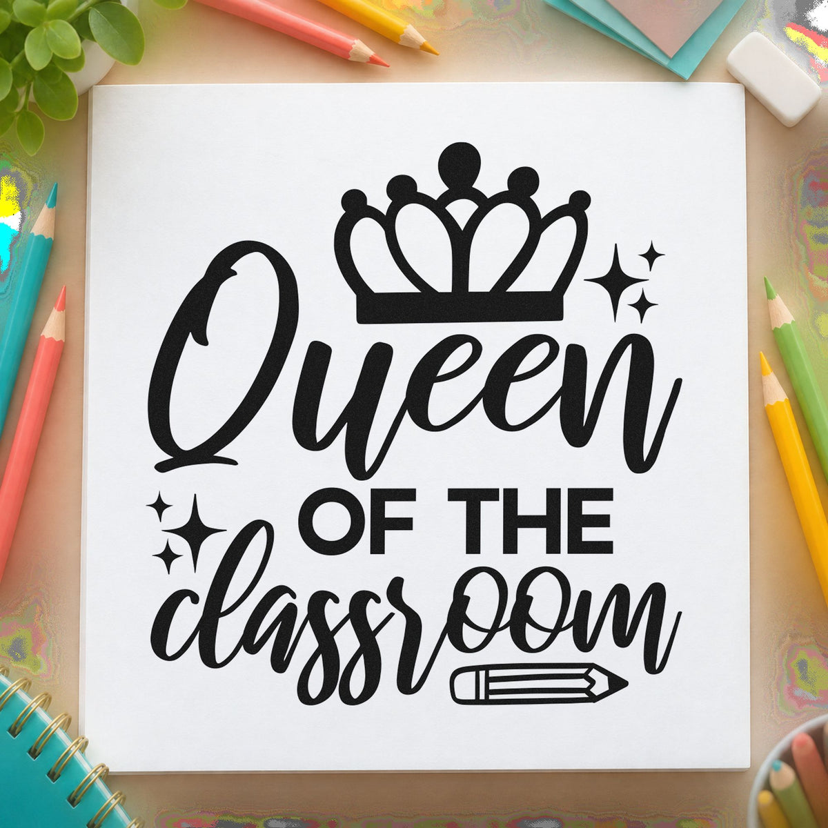 Queen Of The Classroom Crown rubber stamp printed in black ink, ready for crown sparkle cards and similar paper crafts.