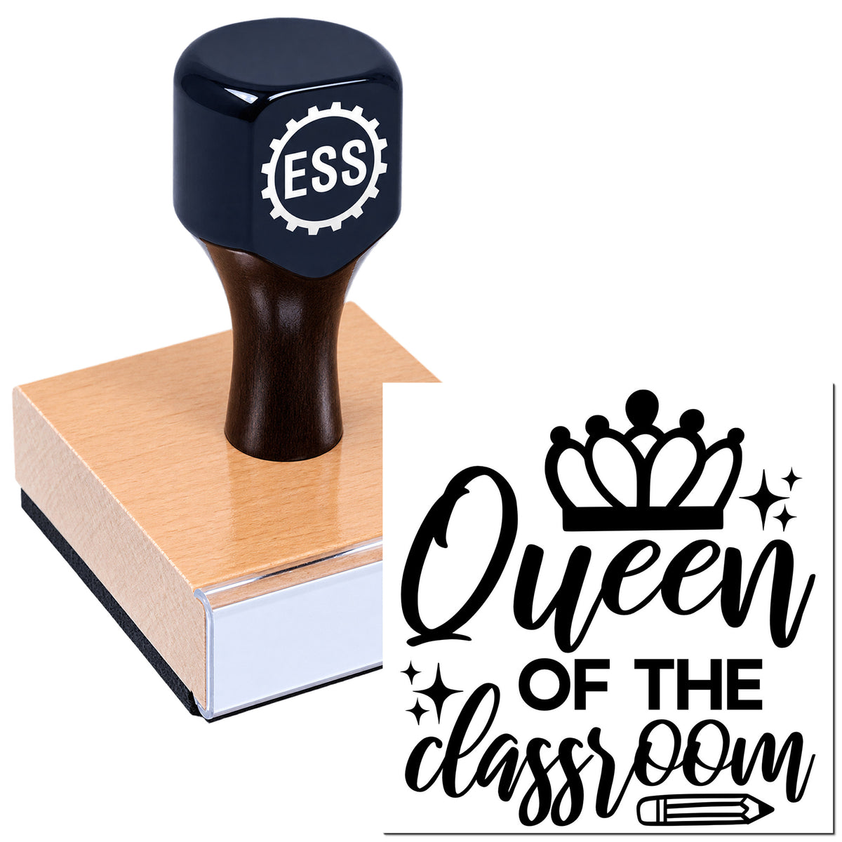 Dark navy rubber stamp on a wooden base beside a black "Queen of the classroom" seal design on white background.