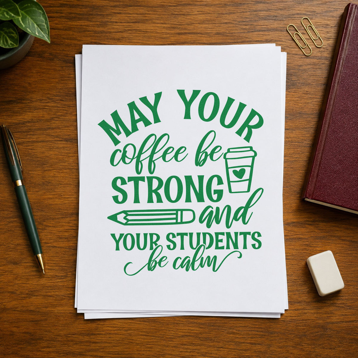 Strong Coffee Calm Students Cup craft stamp imprint in green ink on a handmade project, one idea being duty rota pages.