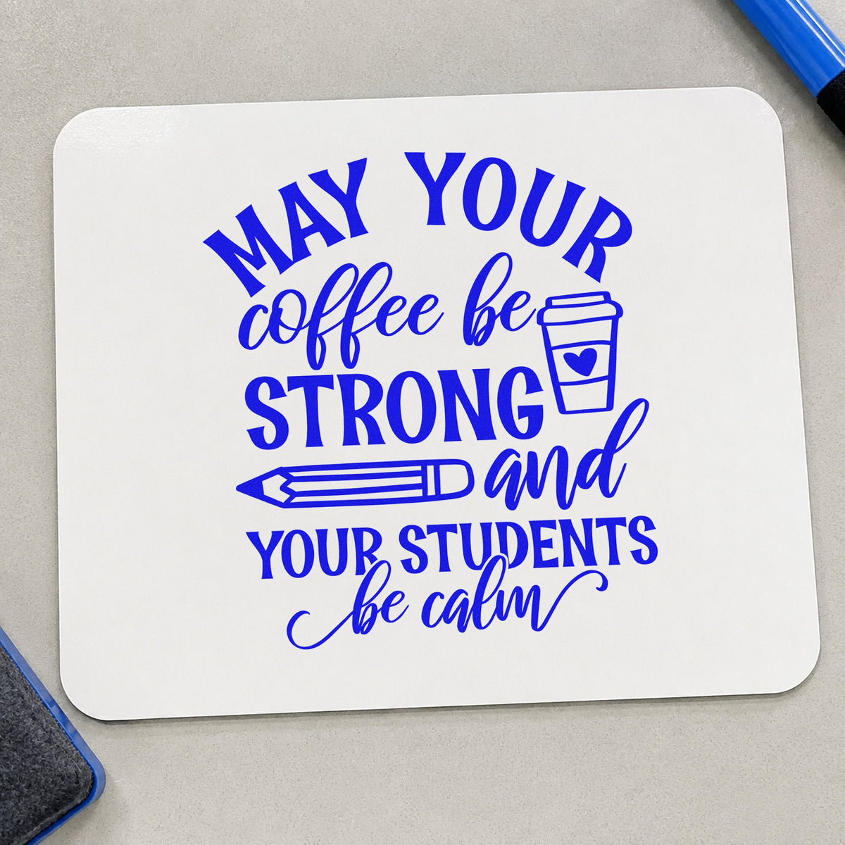 Strong Coffee Calm Students Cup craft stamp imprinted in blue ink on paper, a design suited to caddy lid seals.