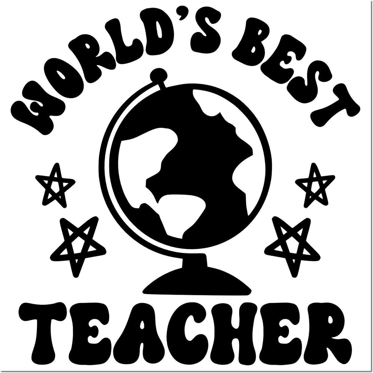 Black Worlds Best Teacher stamp seal with globe and stars on white background.