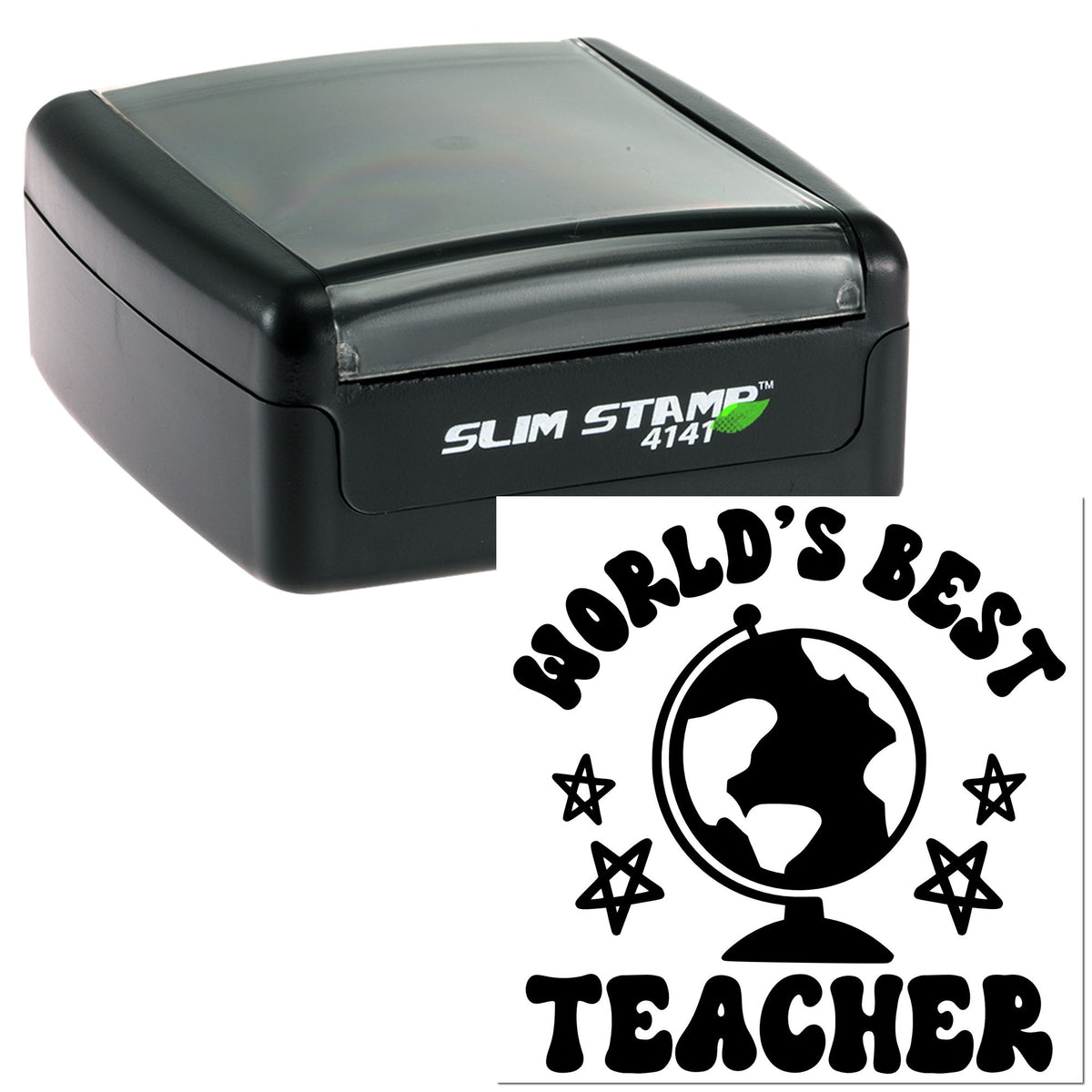 Black Slim Stamp 4141 and custom teacher seal with globe, stars, and bold text on white background.