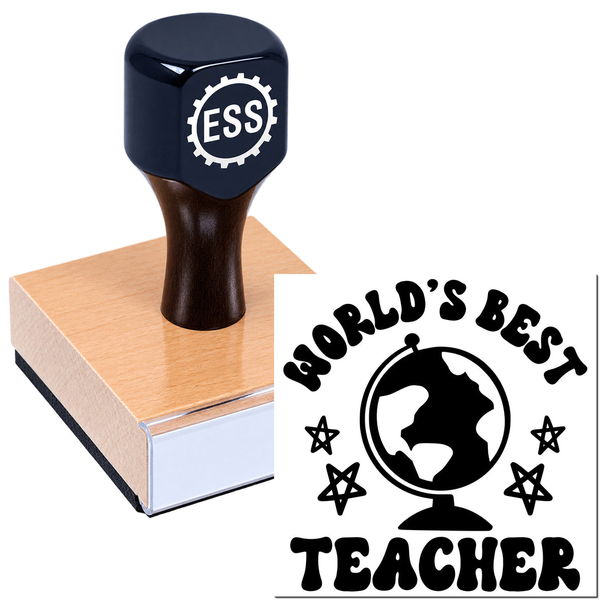 Black ESS rubber stamp on a wooden base beside a bold black World's Best Teacher seal graphic.