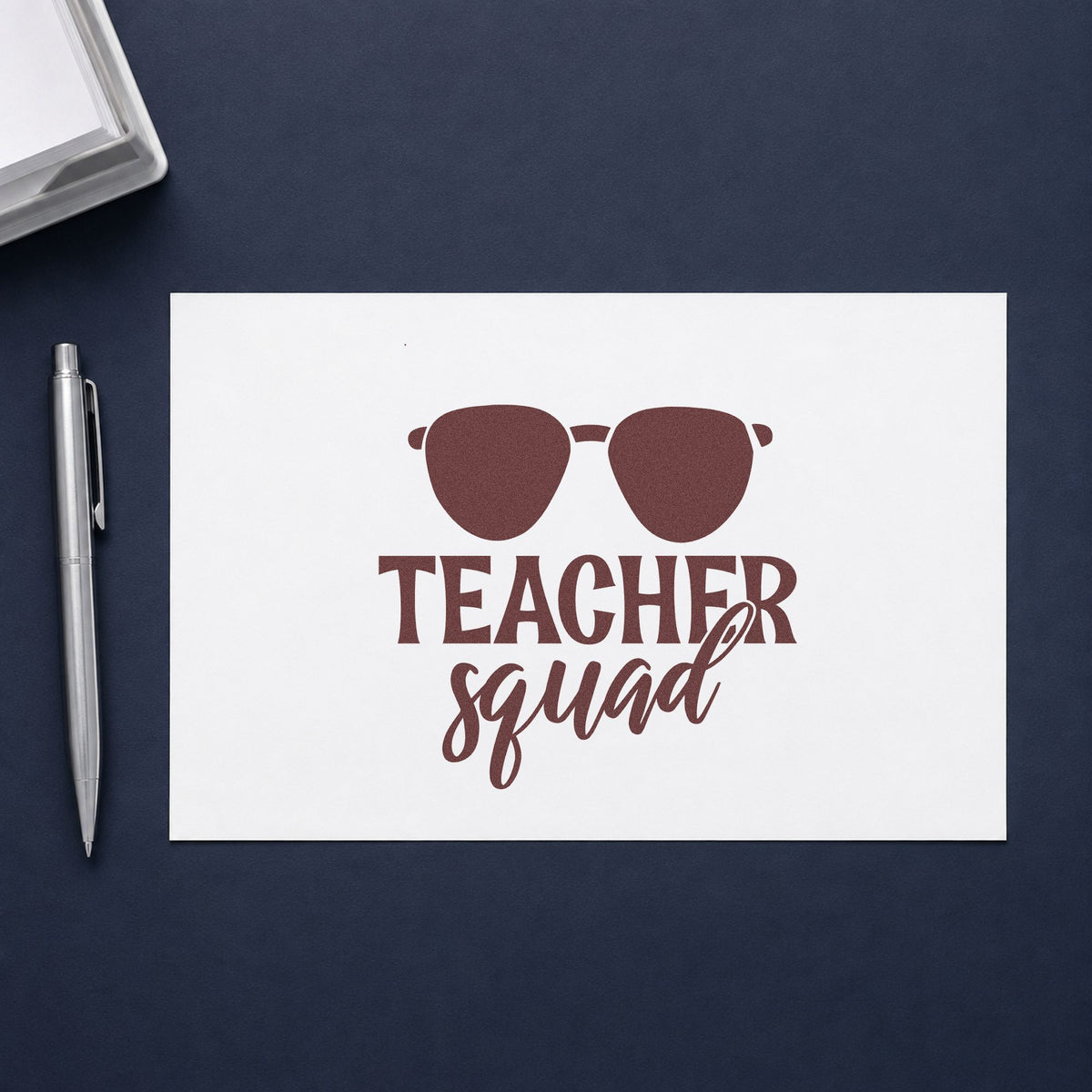 Teacher Squad Dark Sunglasses rubber stamp printed in brown ink, ready for suncream pot labels and similar paper crafts.