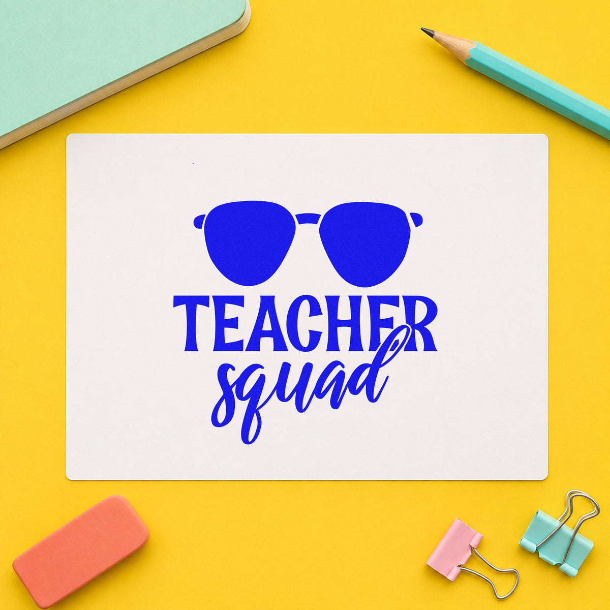 Teacher Squad Dark Sunglasses craft stamp in blue ink on cardstock, an easy option for beach towel panels.