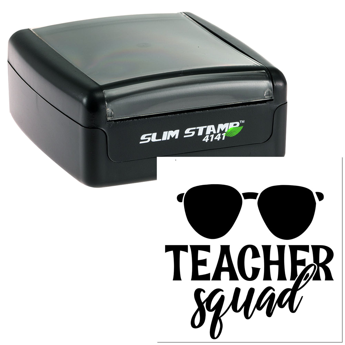 Black self-inking slim stamp with gray top and Teacher Squad logo seal on white background