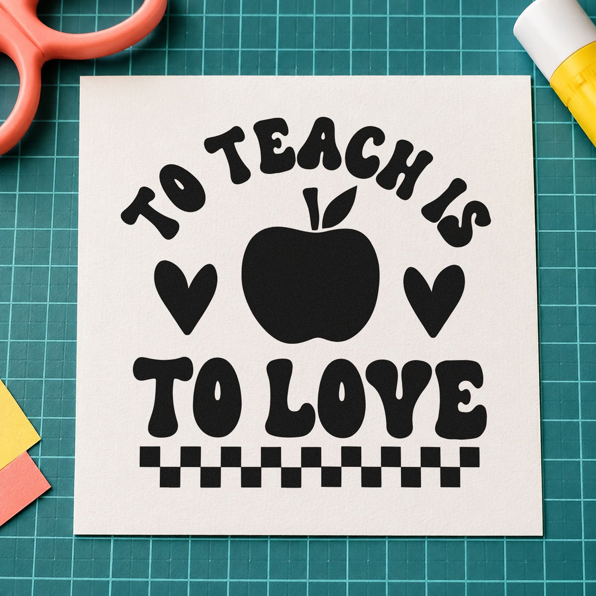 To Teach Is To Love rubber stamp printed in black ink, ready for apple two hearts cards and similar paper crafts.